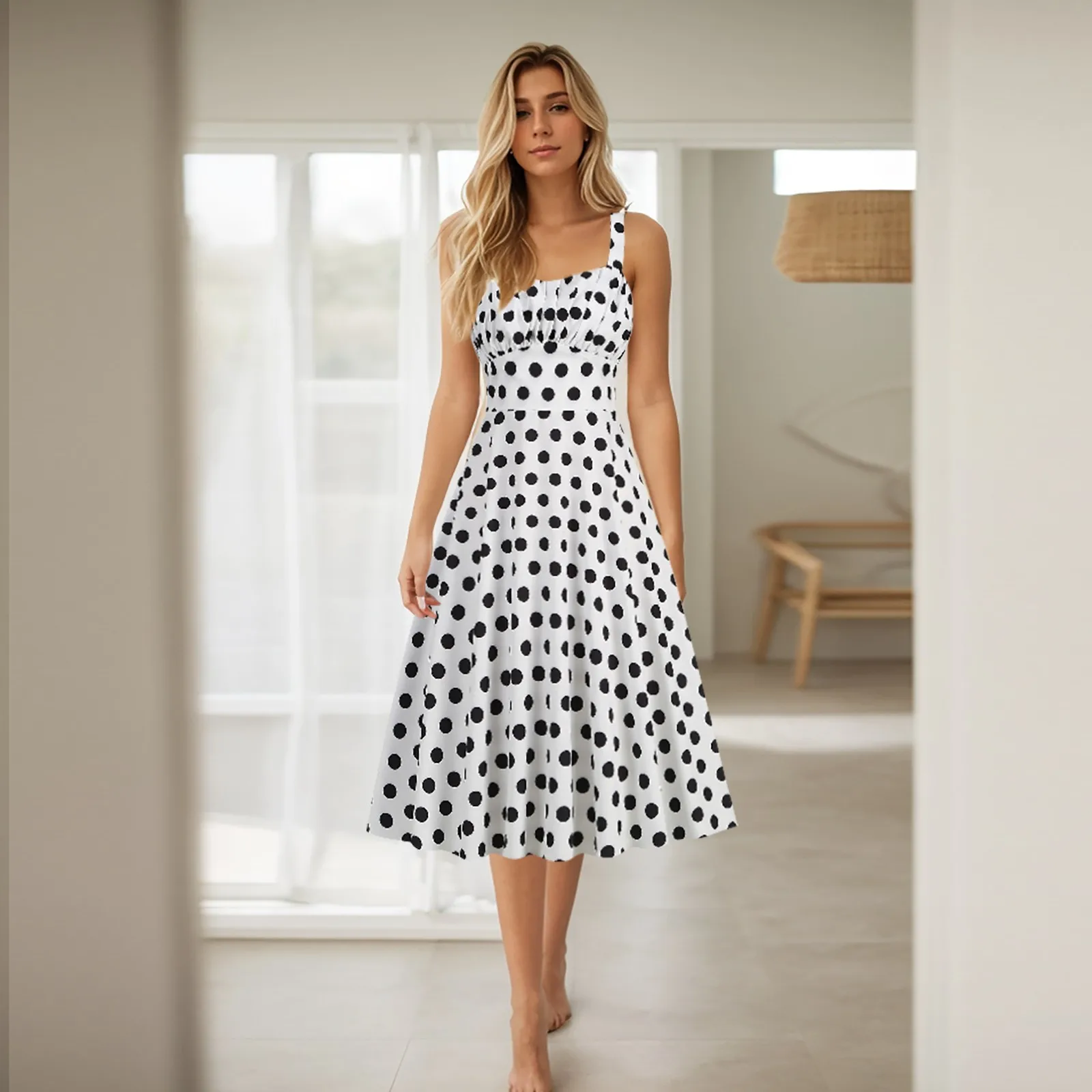 

Women'S Polka Dot Print Hepburn Style Dresses Strap Wrap Chest Swing Dresses Solid Color Aesthetic Slimming Dress Fashion Dress