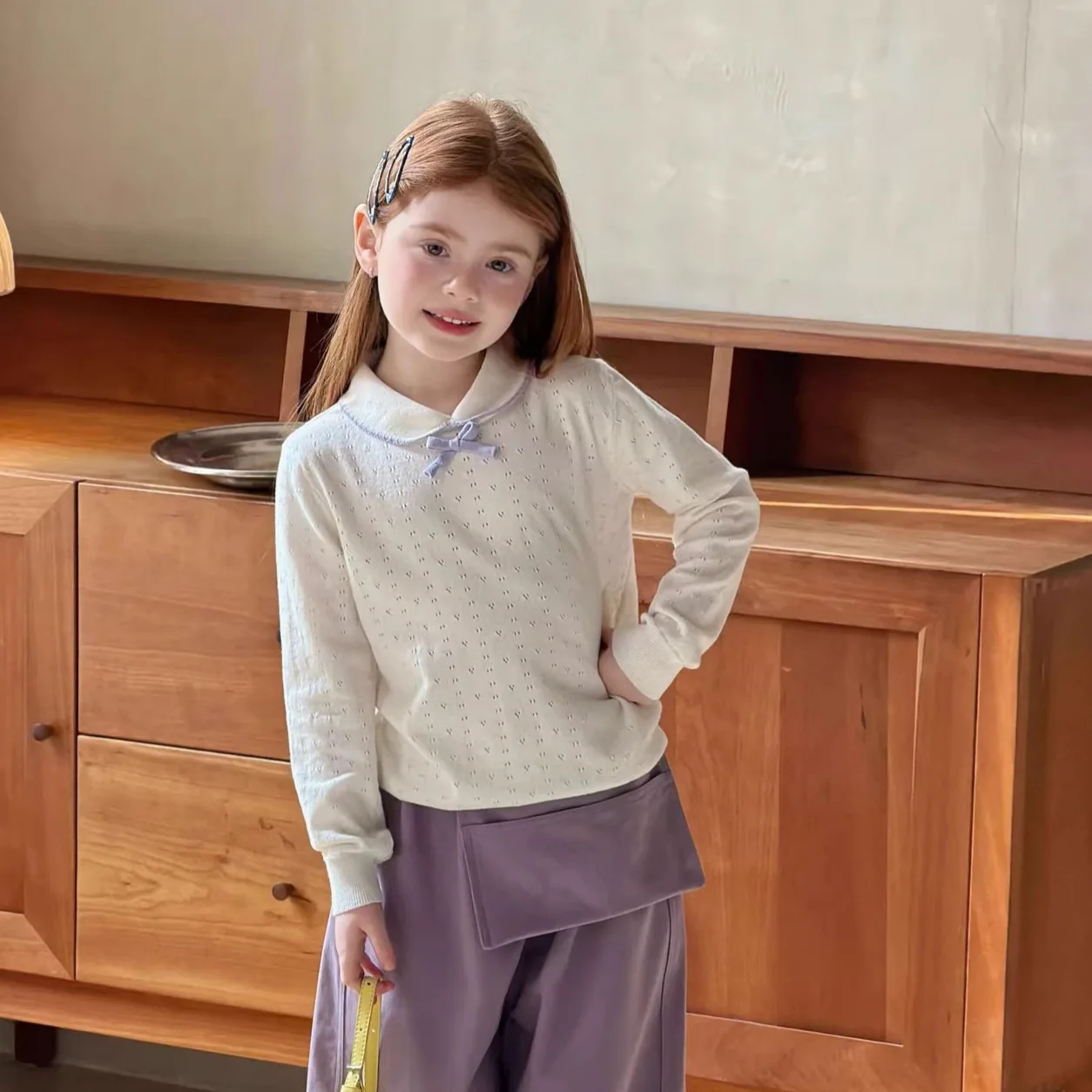 

2026 New Girls Bow Long Sleeve T-shirt Summer Children Fashionable and Stylish Girls Baby Knitted Hollow Top