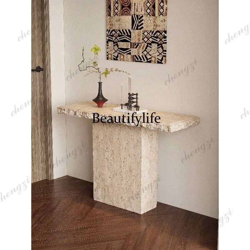 CQY Medieval style natural travertine entrance table against the wall ultra-narrow entrance platform light luxury high sense