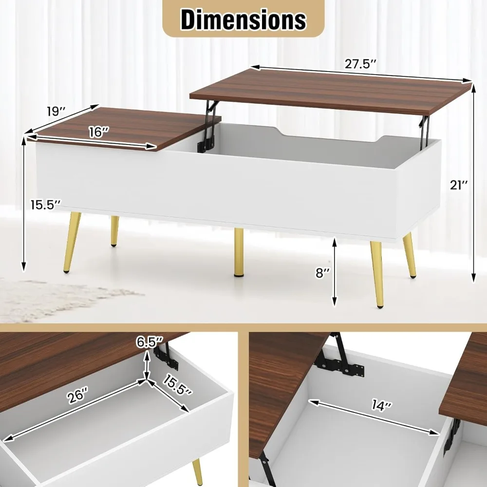 Современный прямоугольный журнальный столик середины века с подъемной столешницей и двумя скрытыми отделениями для хранения вещей