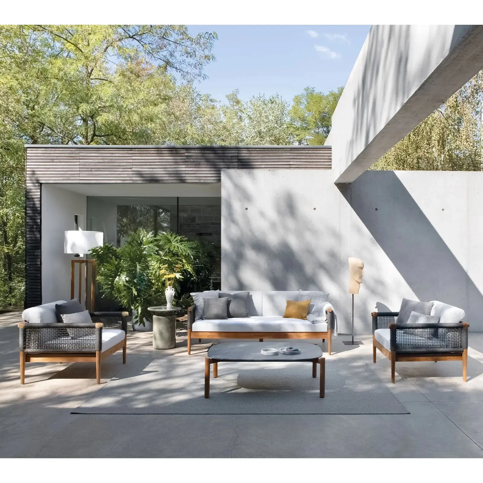 & Outdoor Patio Garden Set Solid Wood Minimalist Sofa Set U-Shaped Weaving Backrest Sofa