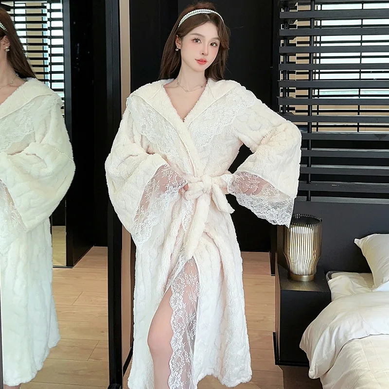 White Lace Trim Kimono Lady Elegant Hooded Bathrobe Thicken Coral Fleece Nightgown Loose Sleepwear Autumn Winter Robes