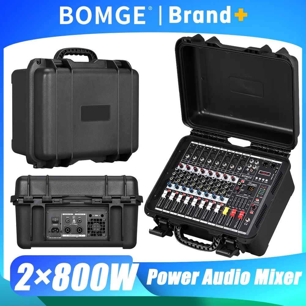 

8-канальный микшерный пульт BOMGE 2x800 Вт с 16 DSP-эффектами, стереовыходом, Bluetooth, эквалайзером и фантомным питанием 48 В для сцены и церкви