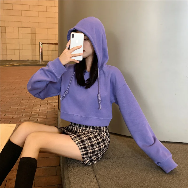 

Укороченные толстовки для женщин ярких цветов, модные уличные подростковые популярные весенние топы, корейский стиль, шикарные толстовки с капюшоном Ulzzang