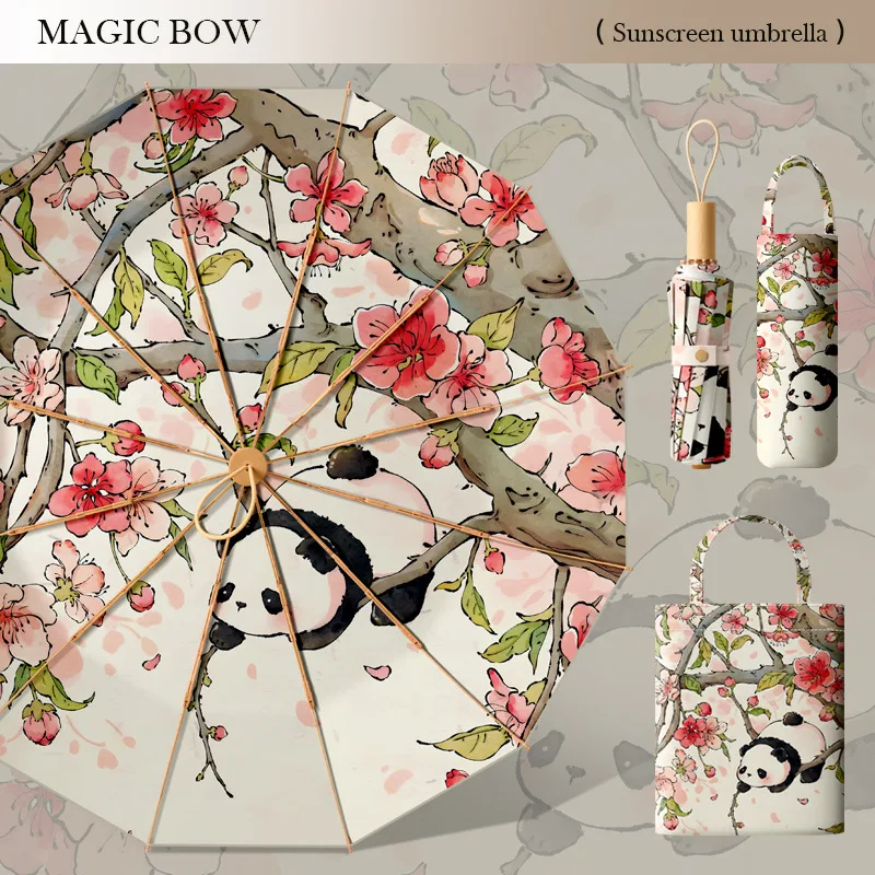 24 Ribs Retro Double Layer Umbrella Double Floral Print Thickened Vinyl UPF50+ UV Protection Folding Rain Sun Parasol for Women