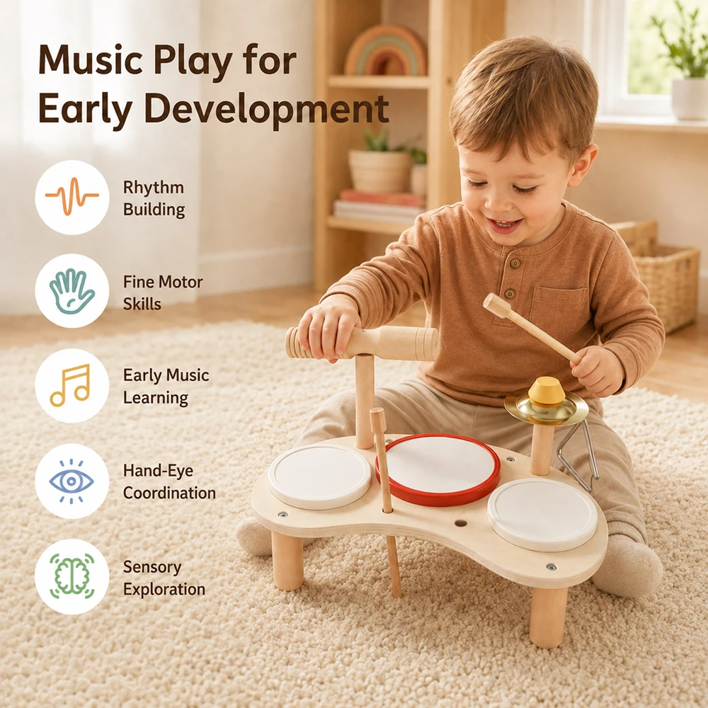 Wooden Kids Music Table Percussion 3 Drums Tone Block Cymbal Triangle 2 Drumsticks Early Music Learning Fine Motor Skills Toy