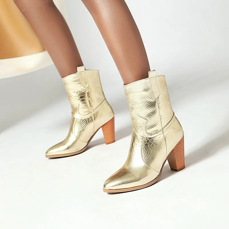 Fashion Golden Women Boot 2022 Autumn Winter New Silver Thick Heel Short Boots Women\'s Versatile High Heels Sleeve Boot Mujer