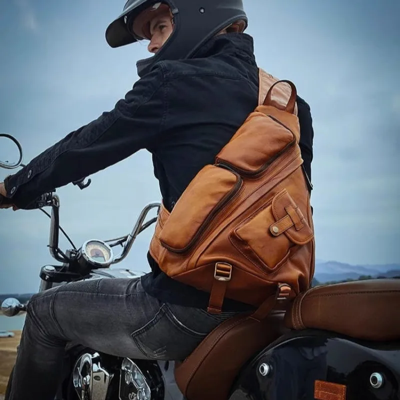 

Cowhide Triangle Chest Bag Big Capacity Genuine Leather Retro Men Outdoor Cycling Shoulder Crossbody Bag