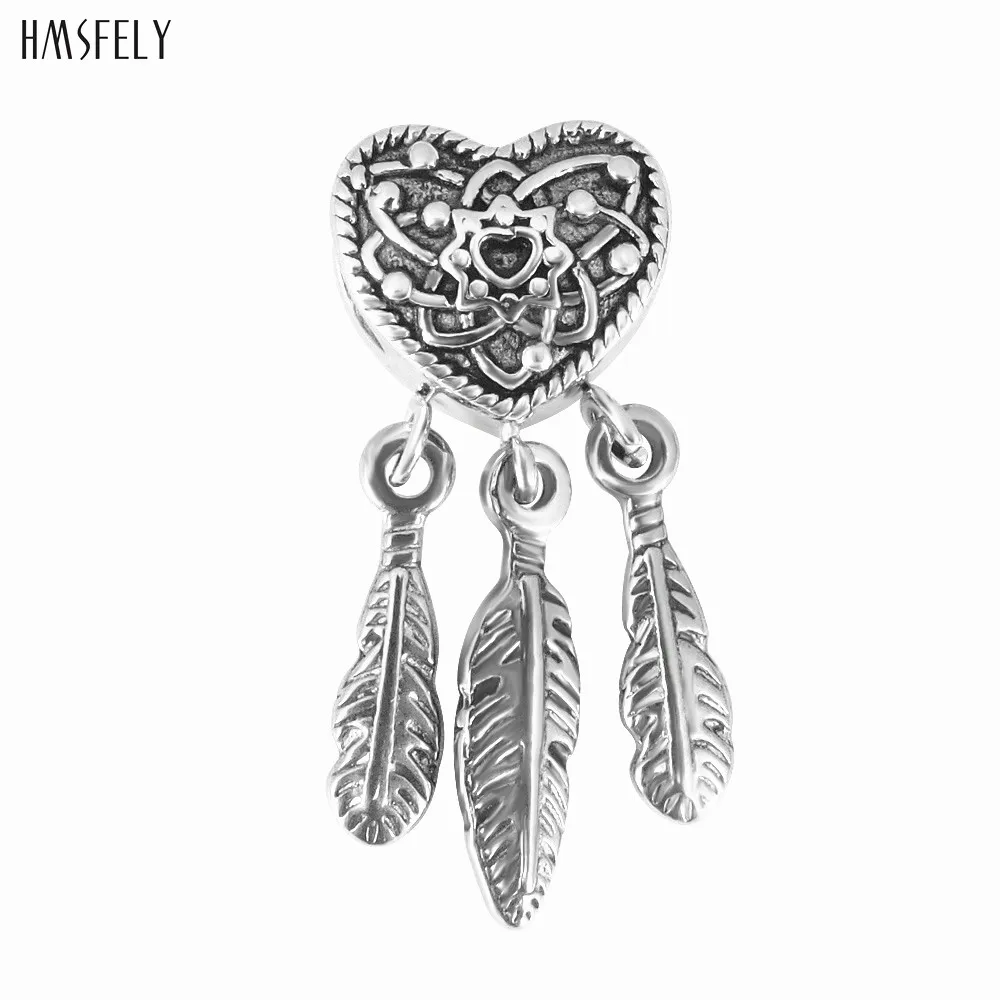 HMSFELY 316l Stainless Steel Heart Feather Bead European Charm Beads For DIY Bracelet Jewelry Making Accessories