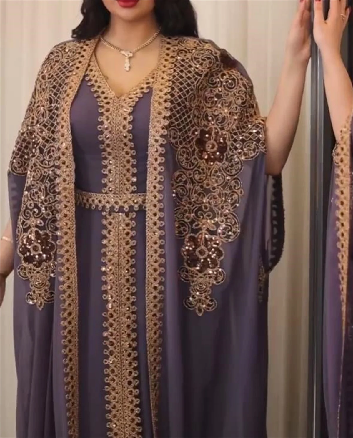 Classic Muslim Gown Evening Dress Blue V Neck Cape Sleeve Split To Floor Two Piece Gold Lace Applique With Belt Elegant Prom