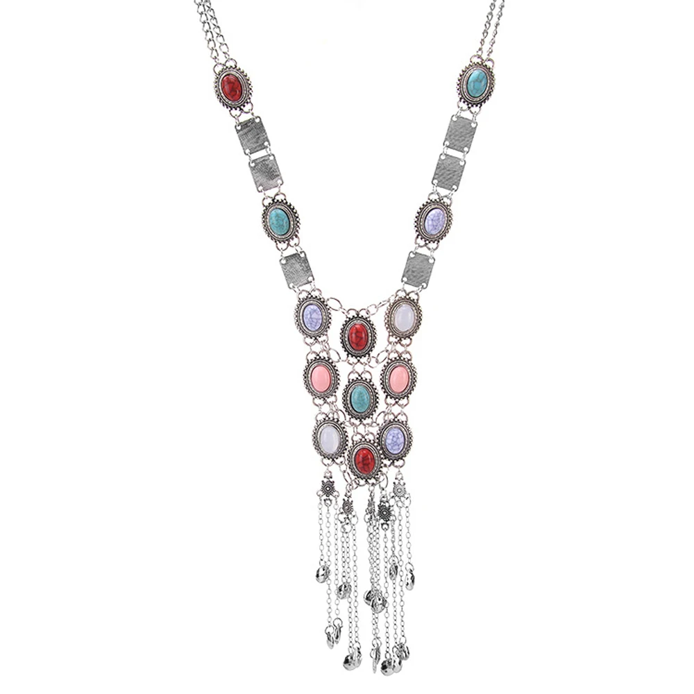 

Vintage Boho Ethnic Colorful Acrylic Gem Long Tassel Choker Necklace for Women Gypsy Tribal Afghan Dress Collar Indian Jewelry