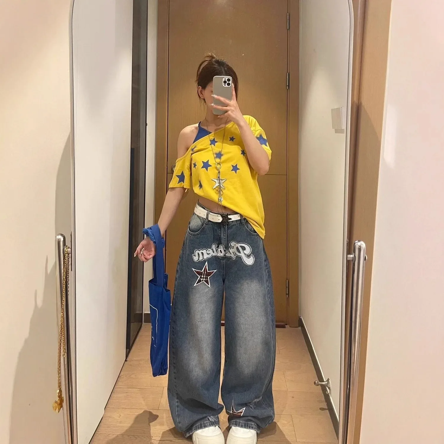 

Винтажные широкие джинсы Harajuku Y2K с вышивкой в виде звезд для женщин, свободные узкие прямые брюки длиной до пола