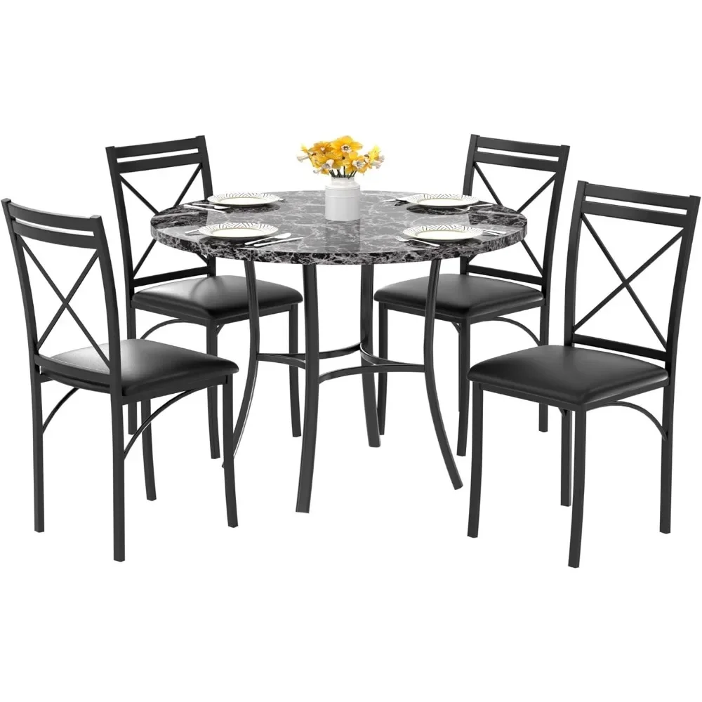 5 Piece Dining Table Set for 4, Faux Marble Dinette with Chairs for Kitchen, Breakfast Nook, Small Space, Grey