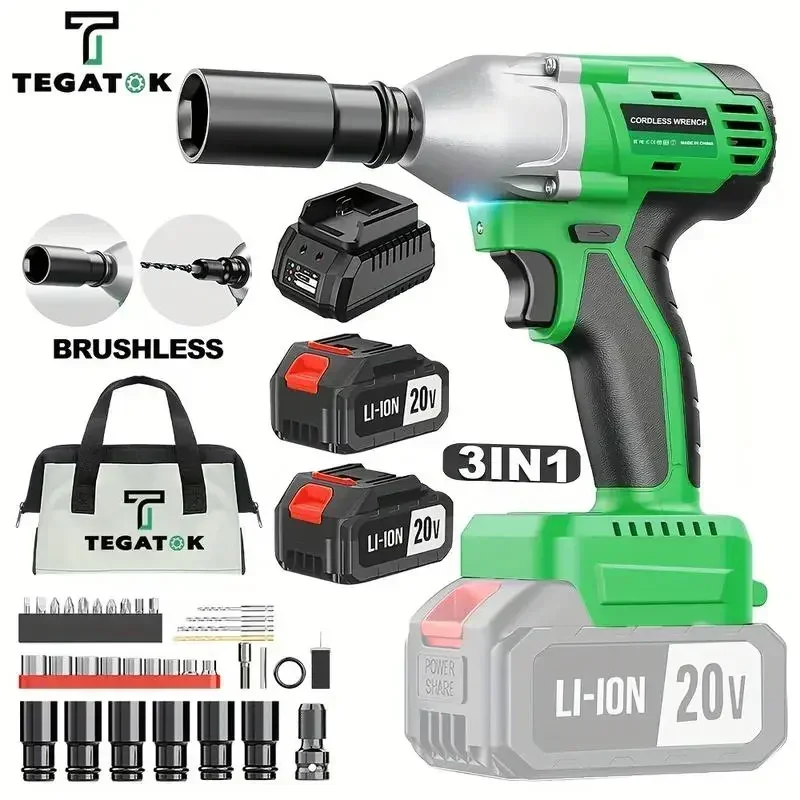 

3-in-1 Cordless Impact Wrench, Power Impact Gun Brushless Impact Driver with 4000 mAH Battery, Fast Charger, 6 Sockets Tool Bag