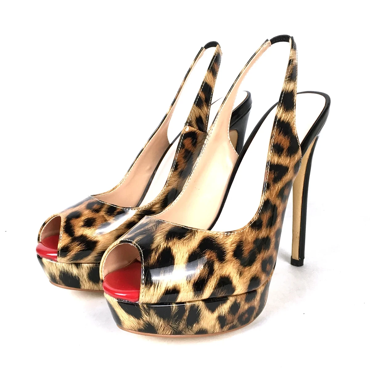 Elegant Women's Shoes Peep Toe High Heels Platform Pumps Slingback Stilettos Leopard Print Ankle Strap Red Toe