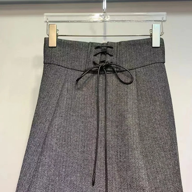 New 2023 Winter Fashion Wool Long Skirts High Quality Women Cross String Waist Tweed Wool Ladies Elegant Grey Maxi Skirt Clothes