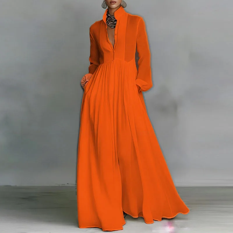 Boheemse Maxi Jurk met Staande Kraag en Knopen voor Dames, Elegant, Hoge Taille, Effen, Feestjurk, Lente, Lange Mouwen, Losse, Casual Jurk