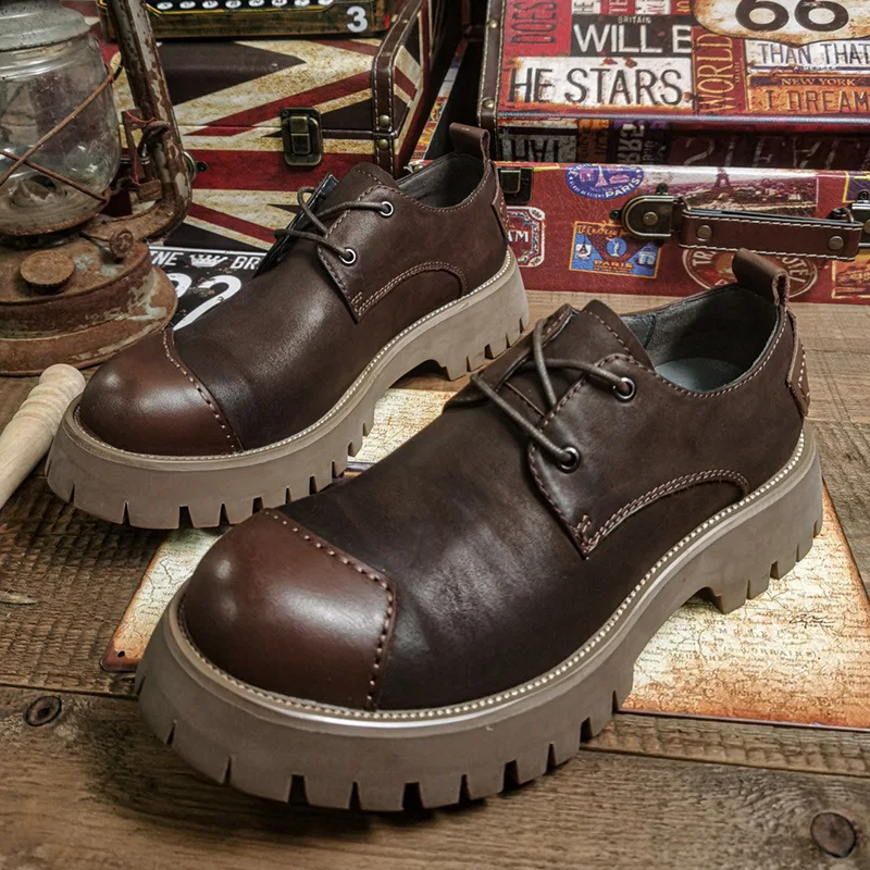 

Fashion Men's Western Cowboy Thick-sole Leather Mature Man British Retro All-match Work Shoes Big Head Platform Oxfords