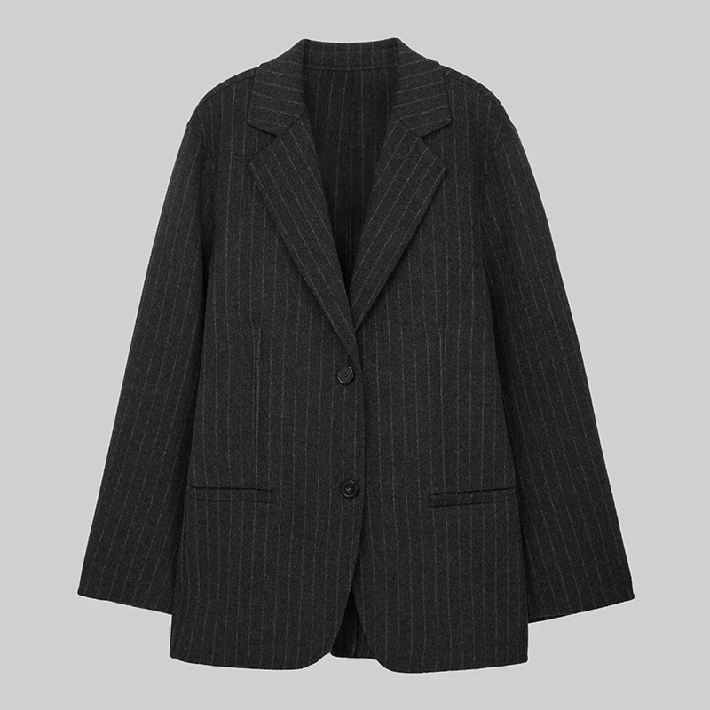 

Double-Sided Woolen Suit Vertical Stripe Pattern Ele Women's Traditional Chinese Sle Topwear for Autumn Season