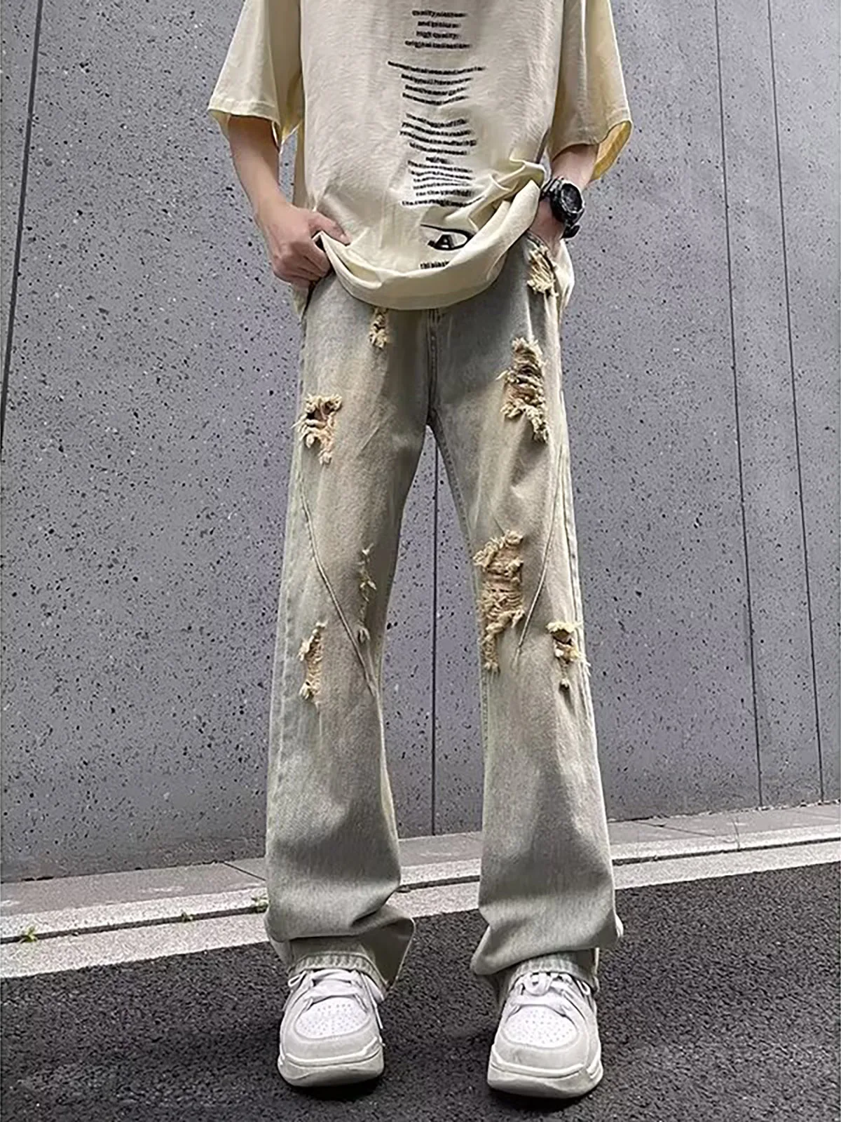 Ripped Distressed Yellow Mud Color Denim Jeans Loose Wide Leg Pants for Teenagers High Street American Vibe Style Summer Wear