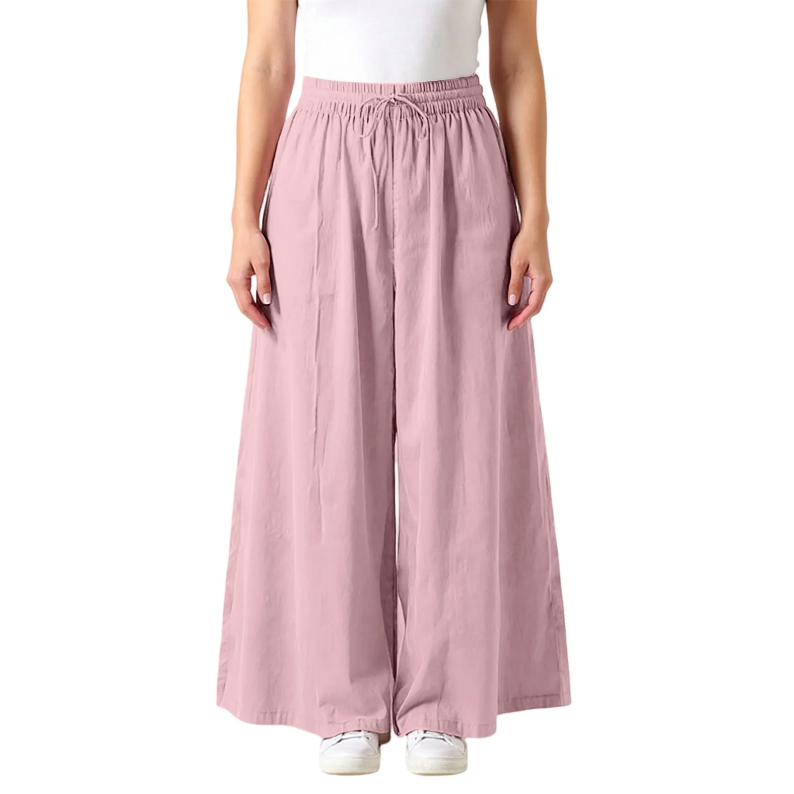 Women's Fashionable Solid Color Cotton And Linen Straight Leg Pants With High Waist And Elastic Waist Casual Loose Pants 2025