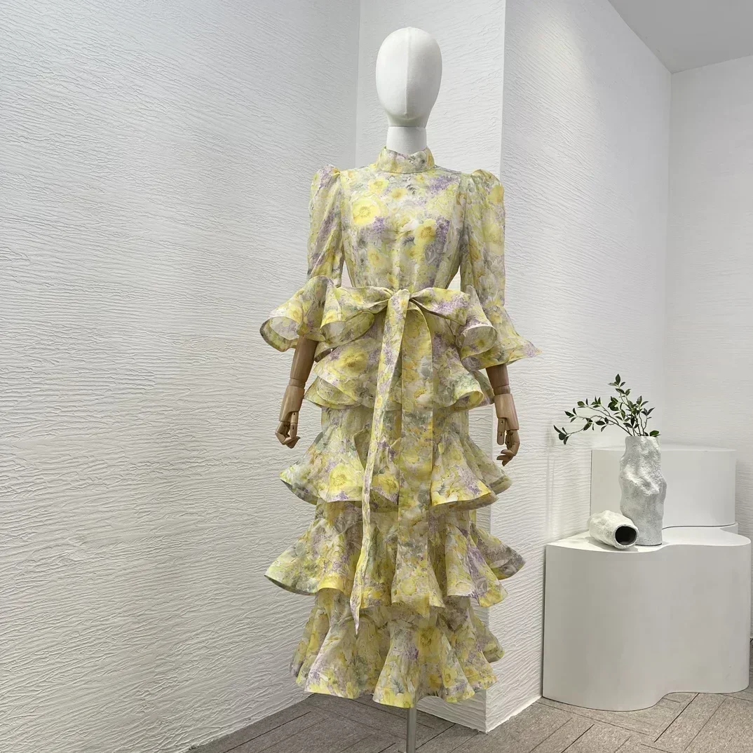 InjLinen-Robe mi-longue à volants à imprimé floral jaune pour femme, col roulé en cascade, nœud, haute qualité, nouveau, 2024