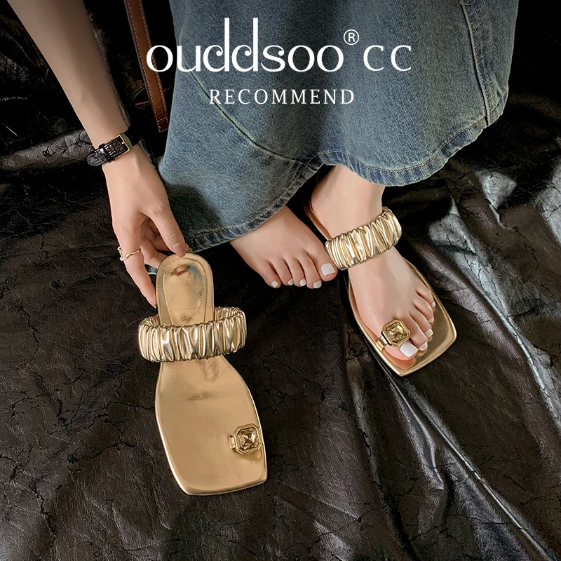 

Ods Summer Flat Sole Bling Flip Flops Crystal Rhinestone Cut Out Pleated Concise Genuine Leather Women Gladiator Slippers Silver