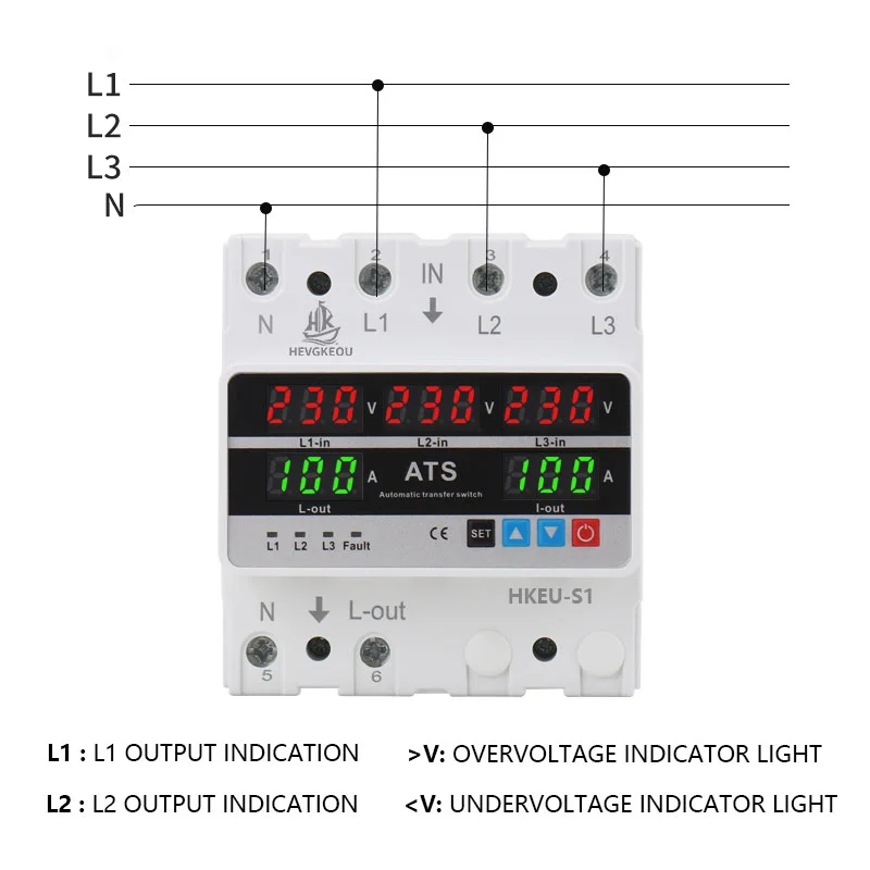 63A 4P 3-Phase Automatic Transfer Switch ATS Dual Power Changeover with Voltage/Current Monitoring