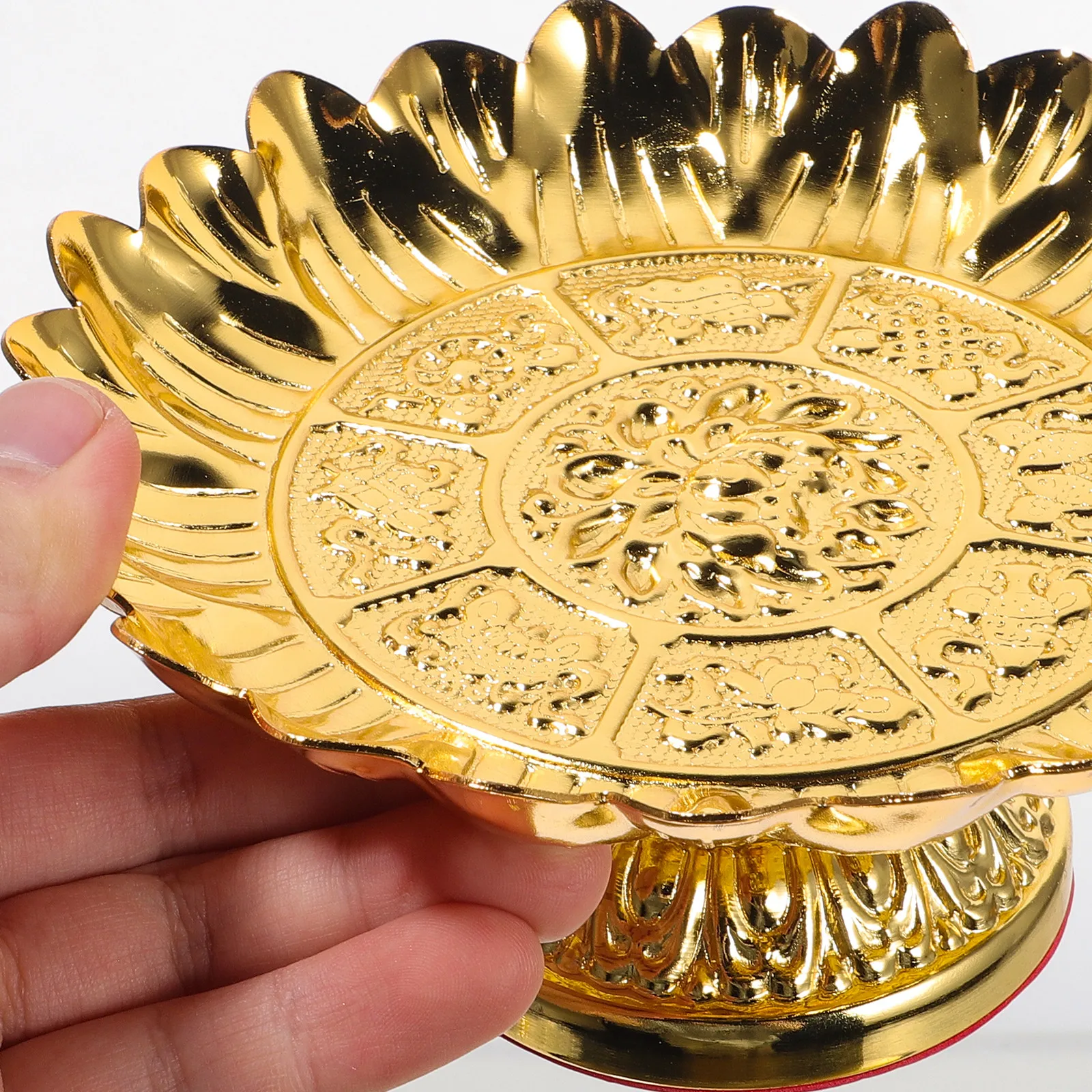 Lotus Design Alloy Footed Offering Plate for Buddhist Worship, Temple Fruit Tray, Home Decoration