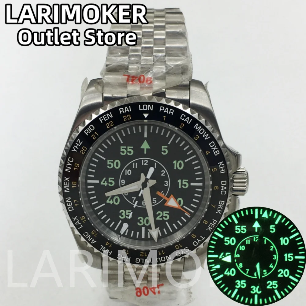 

LARIMOKER new 40mm Watch Black dial Luminous 24 Jewel NH34A (GMT） Mechanical Men's Watch Sapphire Glass Stainless Steel Strap