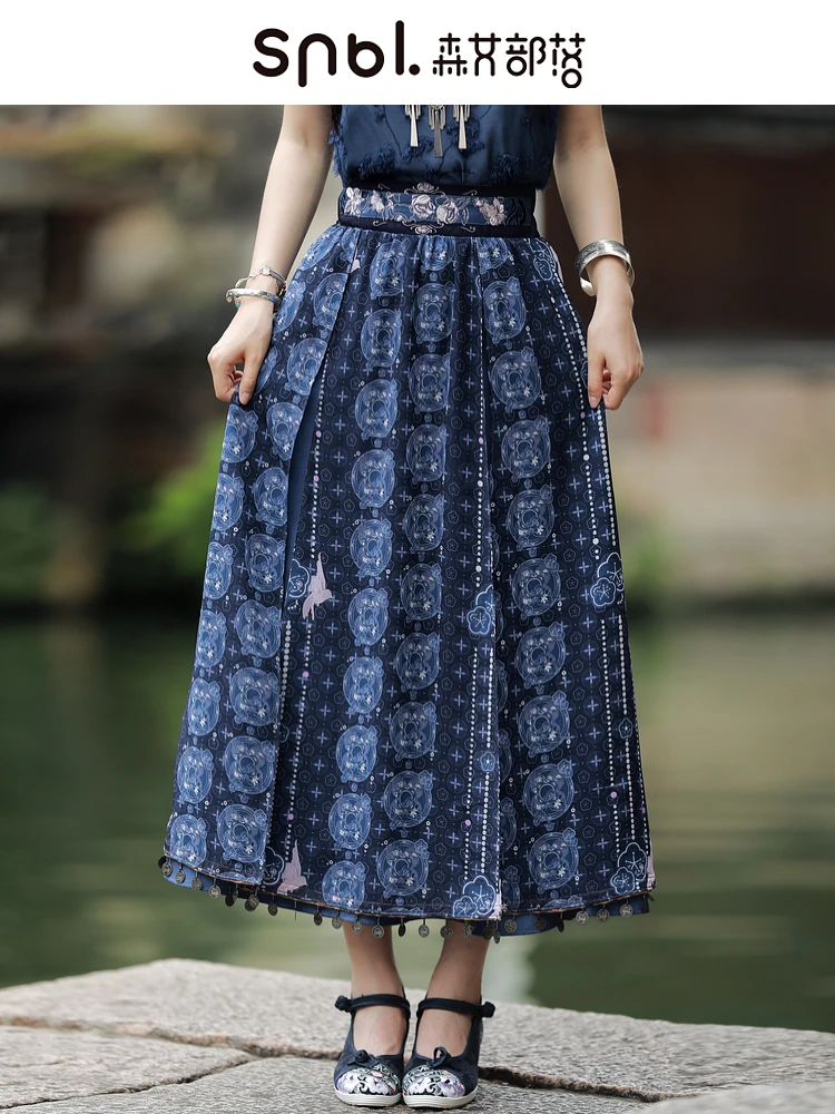 Mori Girl Tribe Original Han Element Ethnic Style Printed Pleated Swing Skirt Women's 2025 Spring New Women's Clothing