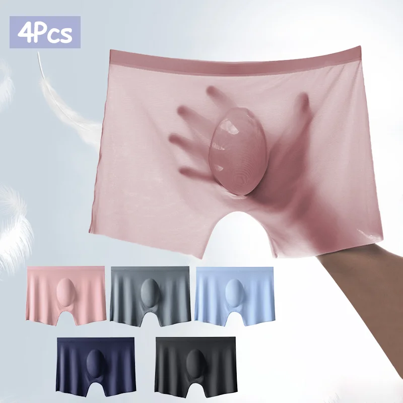 Image of 4 Stück Herren Eisseide Boxershorts Ultra Dünn Transparent Atmungsaktiv 3D-Tasche Weiche Mittlere Taille Herren Unterwäsche Shorts