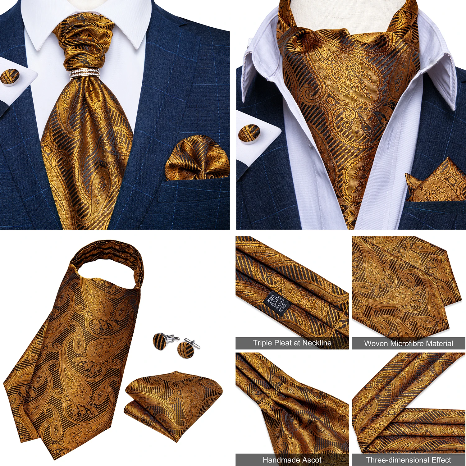 Luxury Men Green Blue Paisley Ascot Tie Set Solid Necktie Ring Wedding Party Cravat Purple Ties Pocket Sqaure Cufflink Free Ship