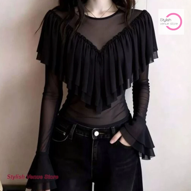

Korean style chic black ruffled stitching top women's spring and autumn new fashion temperament high sense slim Joker T-shirt