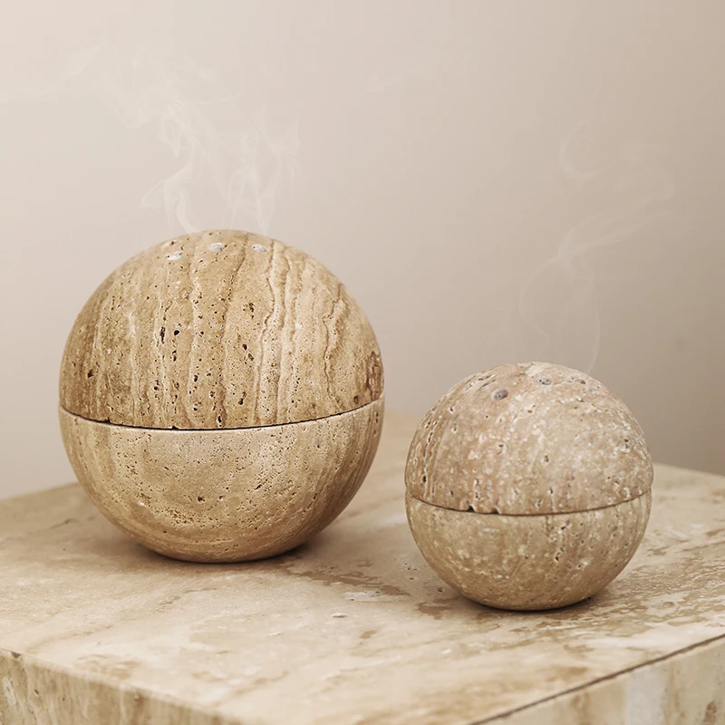 Natural Beige Travertine Marble Stone 9 Holes Sphere Incense Burner Arabian Mubkhar Wood Plate Container Tabletop Incense Holder