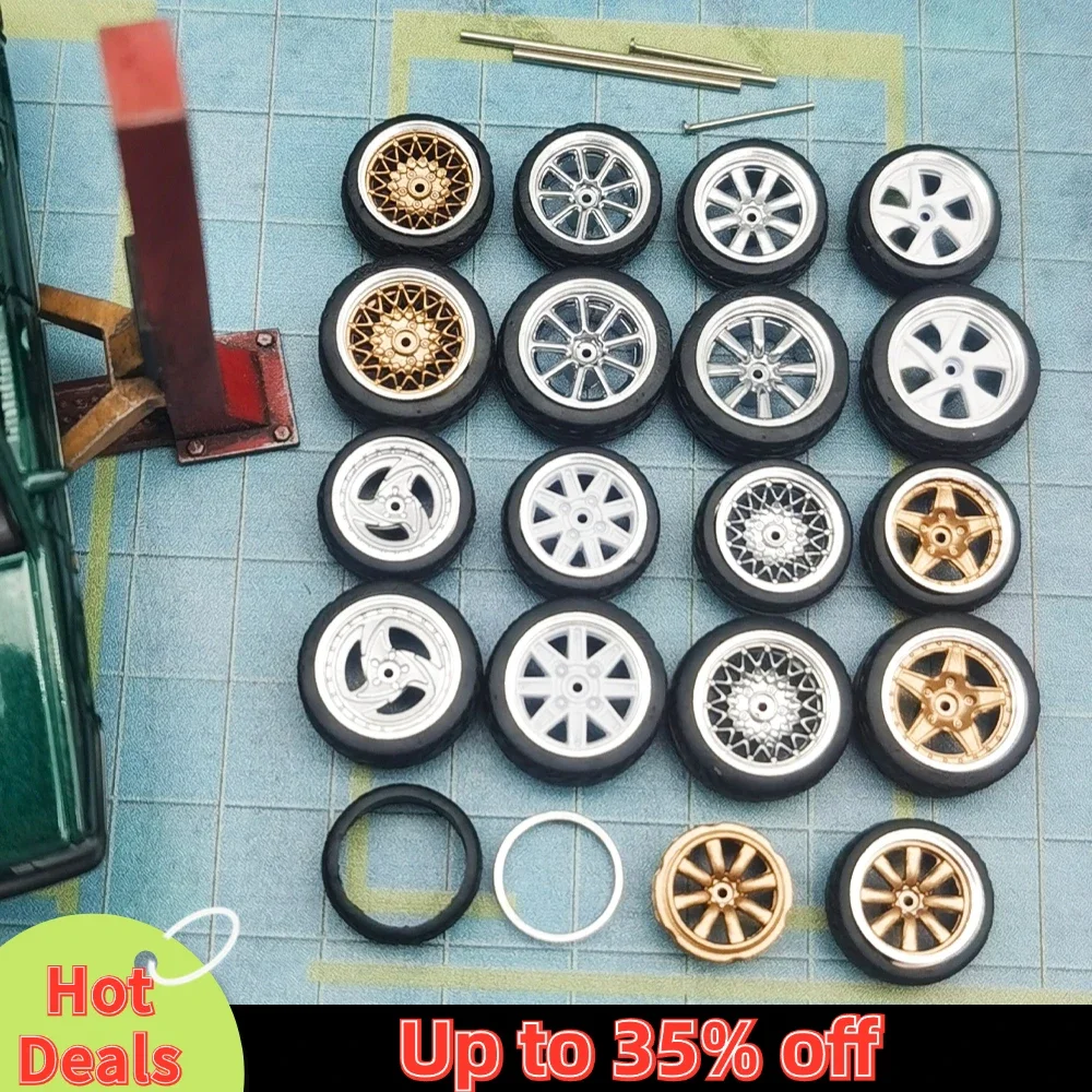 Hot Wheels 1/64 Model Car ABS Wheels with Rubber Tire Metal Rims Front Small Rear Large Refitting Parts for Model Car