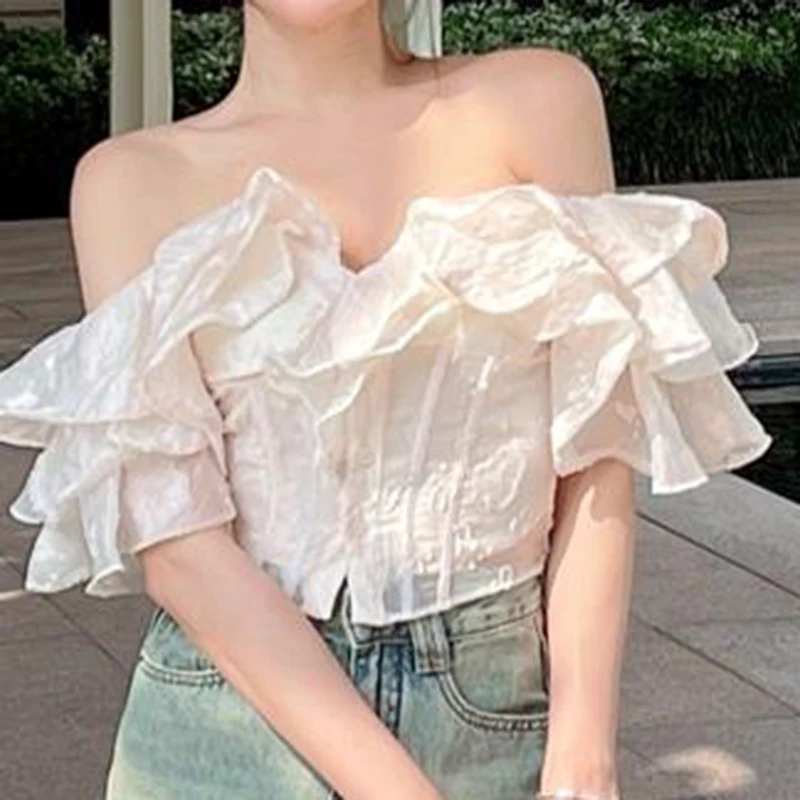 2024 Summer French One Shoulder Lotus Leaf Edge Shirt Slim Short Top Wrapped Hip Skirt for Women  tops