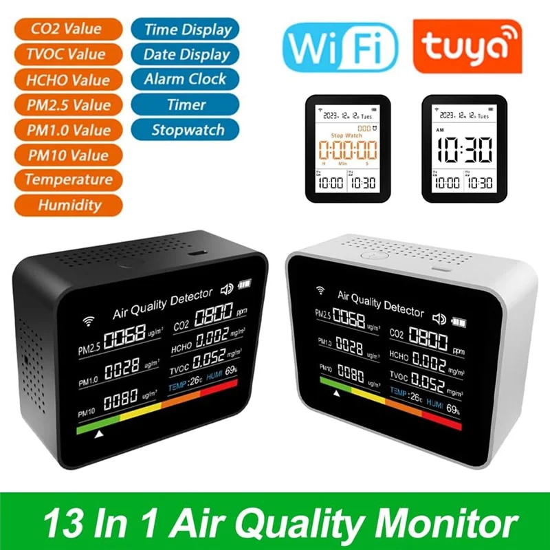 SQPP-Tuya WIFI Air Quality Tester 13-In-1 ABS CO2/TVOC/HCHO/PM2.5/PM1.0/PM10/Temperature/Humidity/Date/Alarm/Stopwatch CO2 Meter