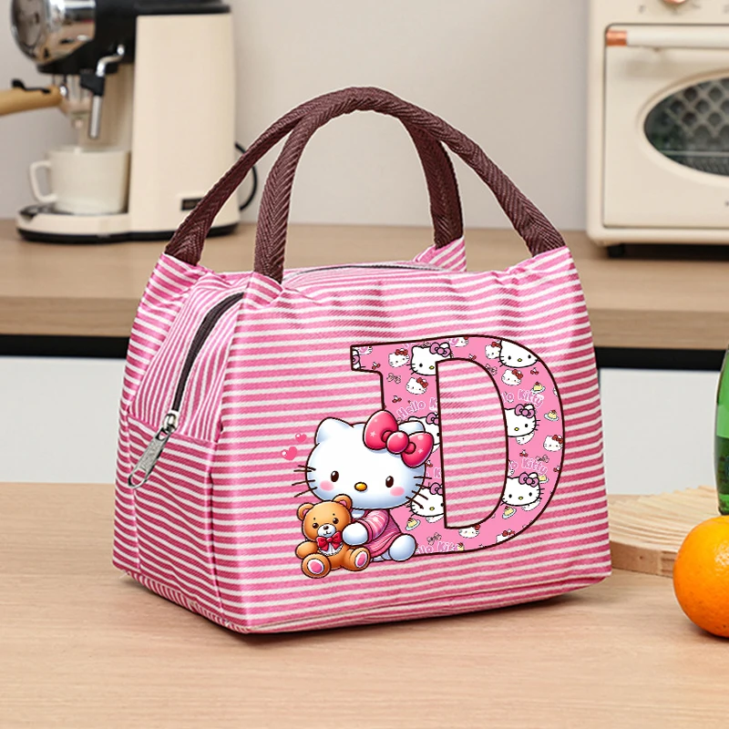 Sanrio Hello Kitty Tas Makan Siang Bergaris Kotak Bento Pelajar Tas Tangan Terisolasi Aluminium Foil Kartun Huruf Kantong Penyimpanan Makanan Portabel