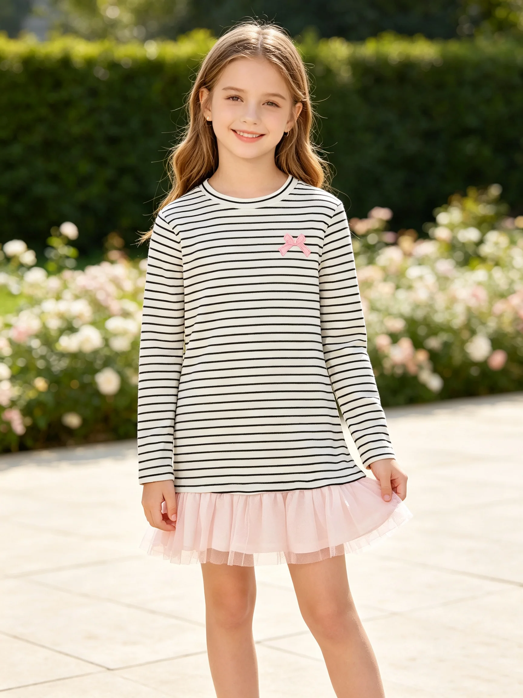 Children's Casual Elegant Comfortable round Neck Striped Skirt Long Sleeve T-Shirt Top with Butterfly Tie Print