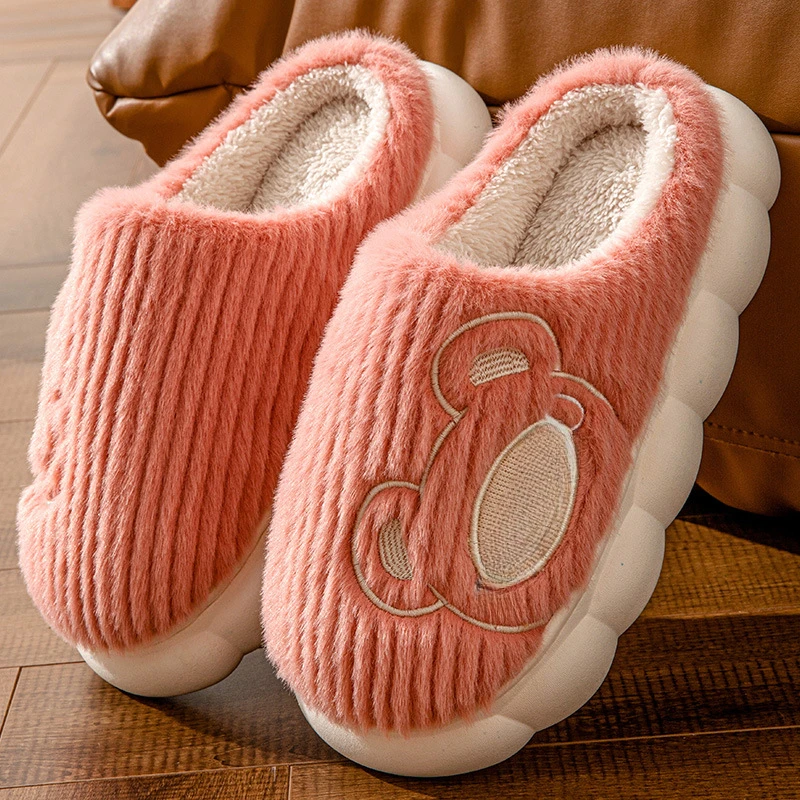 Cartoon Cute Couple Cotton Slippers Thick Bottom Mute Home Warm Embroidery Skin-Friendly Plush Winter Fur Slippers Female