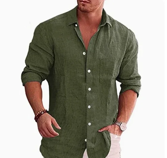 Camicia a maniche lunghe da uomo di vendita calda autunnale in lino di cotone tinta unita stile casual camicia di lino casual da uomo taglie forti