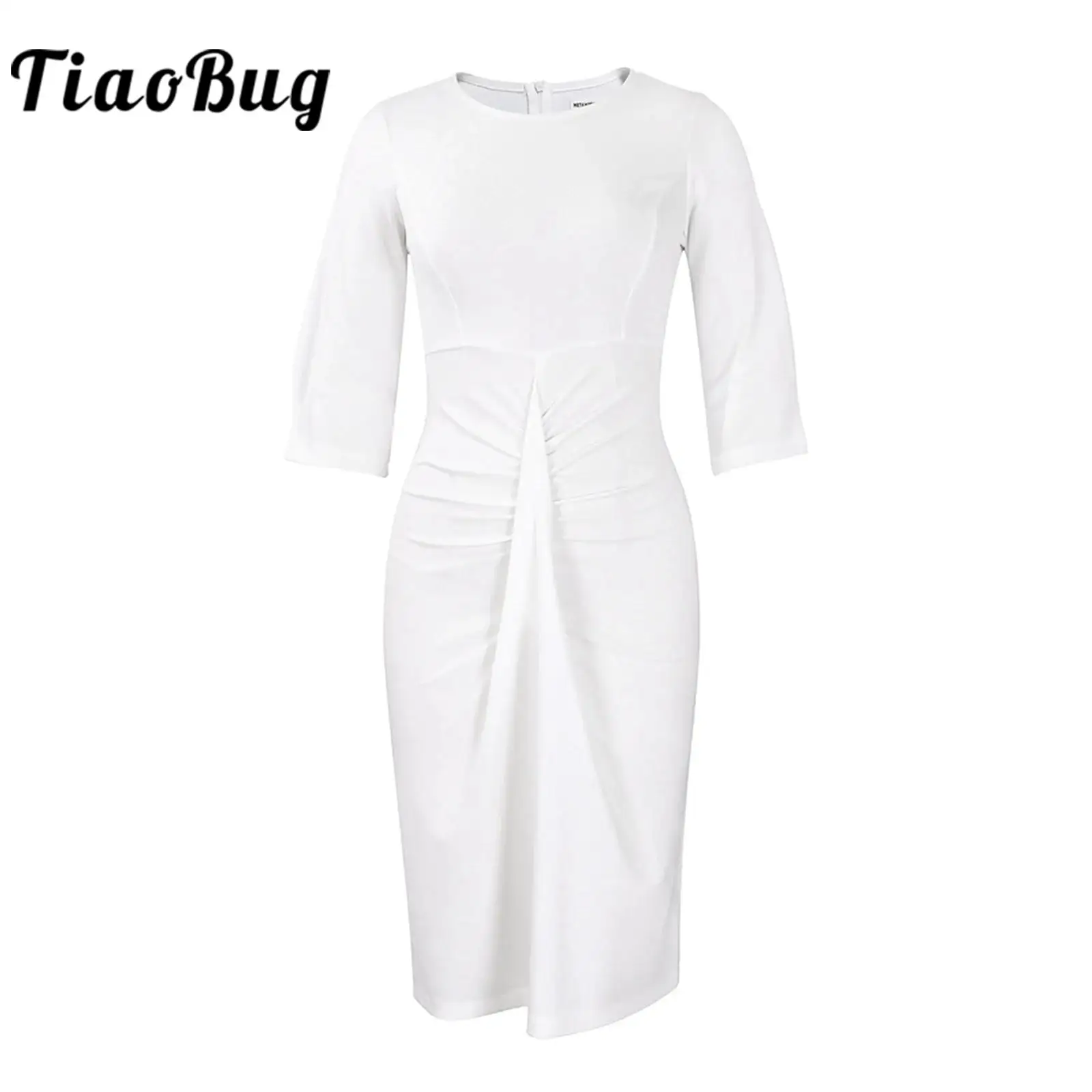 

Womens Dress Round Neck Solid Color 3/4 Sleeve Ruched Wrap Dress Elegant High Waist Dress for Evening Party Cocktail