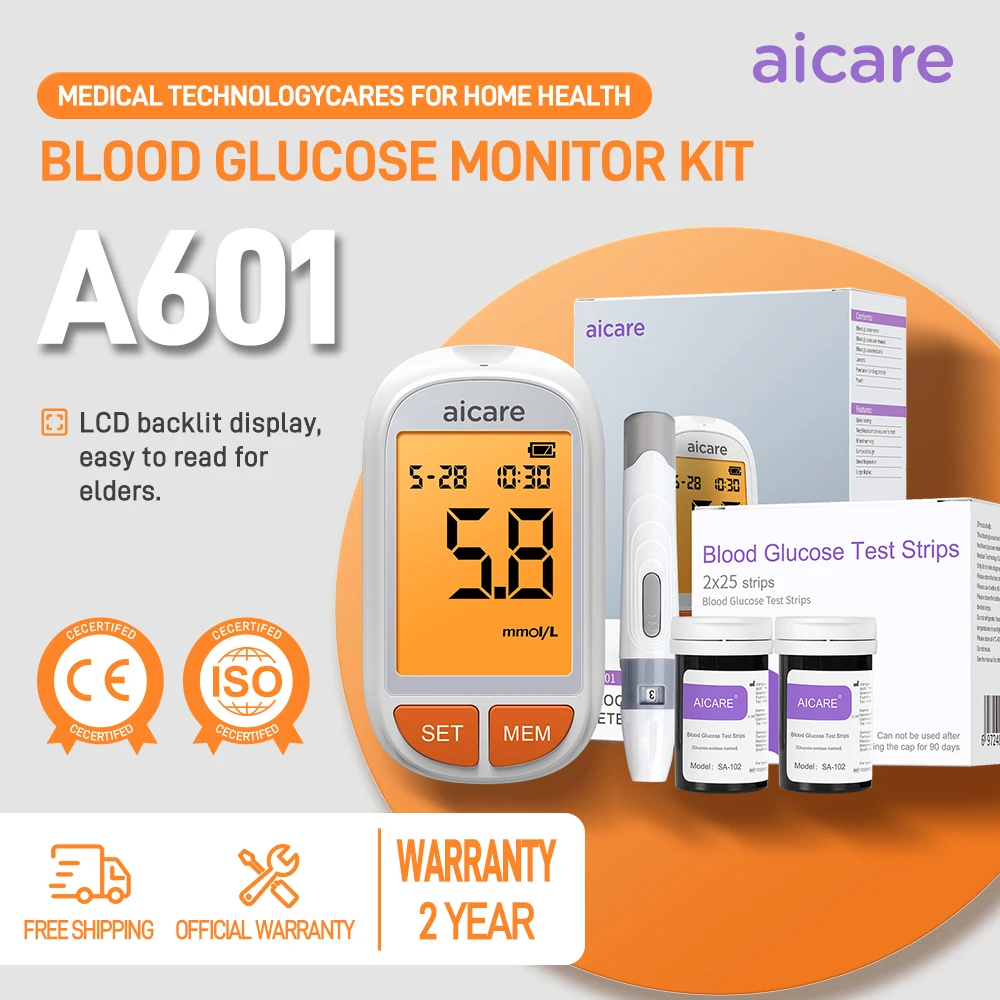 Das Aicare-Blutzuckermessgerät-Set für Diabetes enthält Teststreifen, Lanzetten und Reiseetui für den Heim- und Reisegebrauch