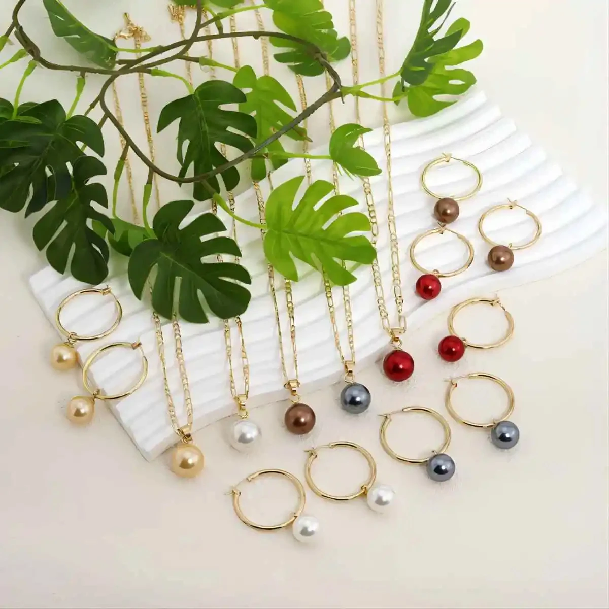 Minimalist Hawaiian Colorful Tahitian Pearl Earring Necklace Jewelry Set with Figaro Chain Chritmas Gift Handmade Jewellery
