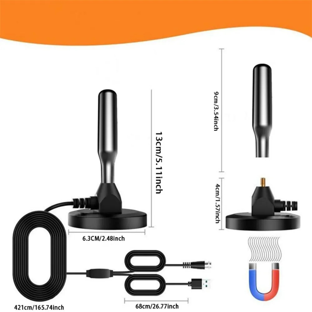 هوائي تلفزيون بمدى 650+ ميل DTMB ATSC تلفزيون عالي الدقة رقمي مع قاعدة مغناطيسية وكابل عالي الدقة، قنوات تلفزيون ذكية داخلية وخارجية 4K