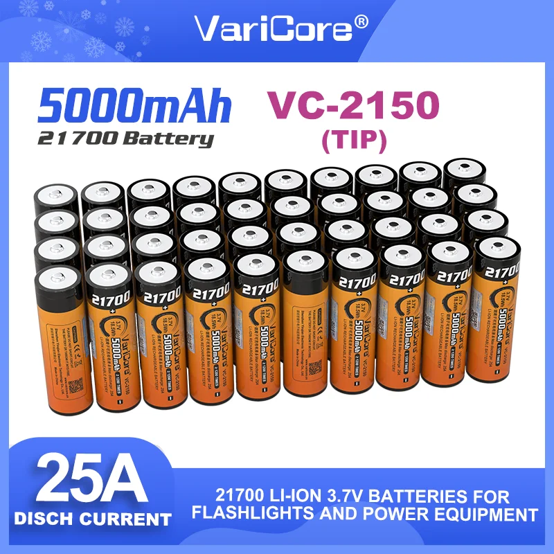 

1-6PCS Varicore 21700 Li-ion Battery 3.7V 5000mAh High-capacity DIY 24v 36v 48v 60v Rechargeable batteries +Pointed tip
