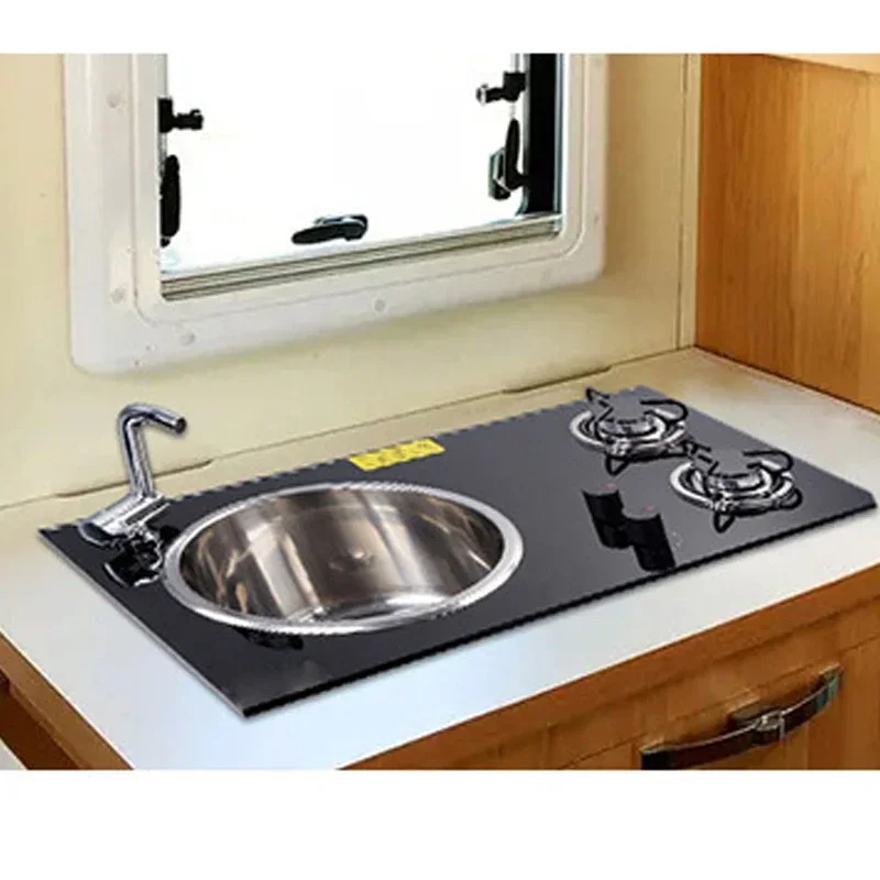 RV Camping Car Small Unit Black Glass Countertop with Sink Integrated Double Headed Stainless Steel Flame Retardant