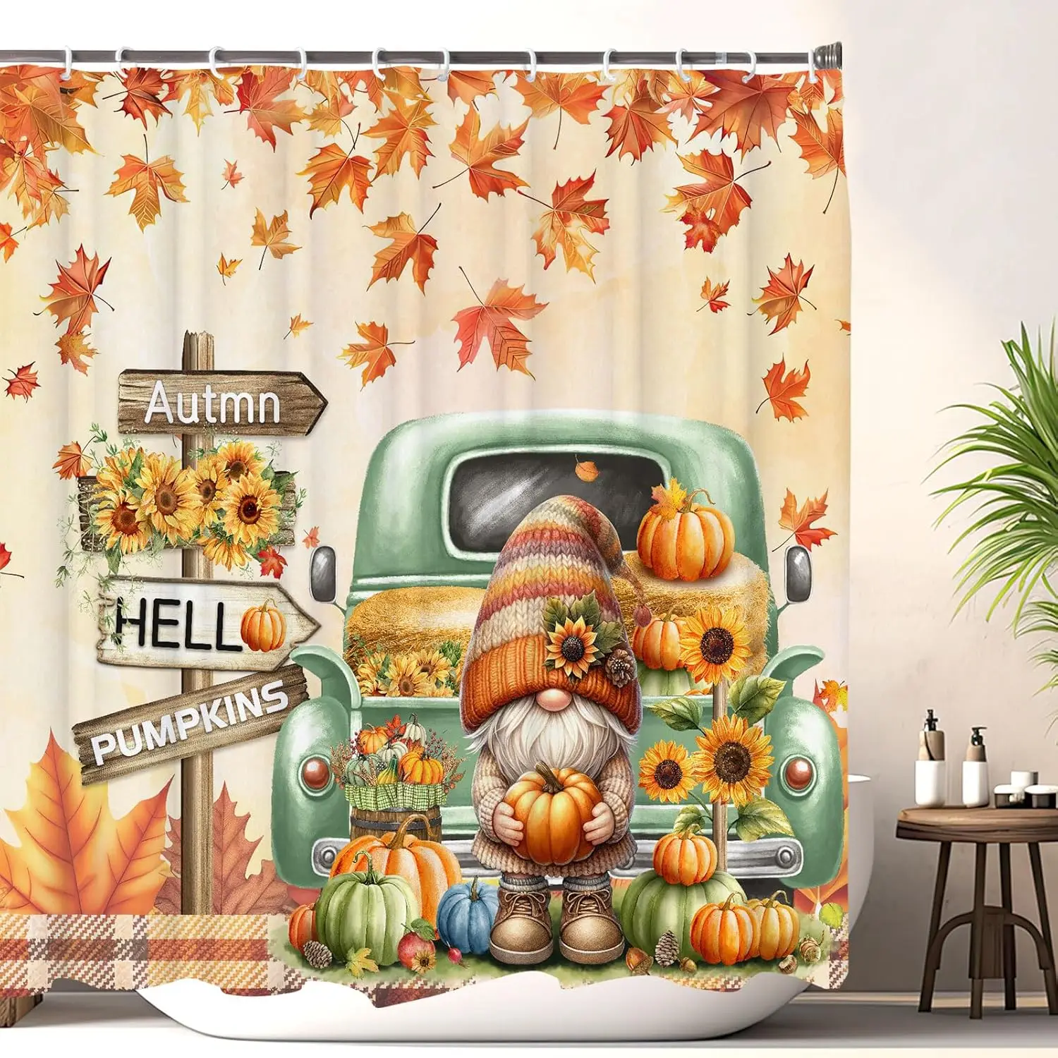 

Осенняя занавеска для душа, осенний грузовик с гномом, тыквой, клеткой, подсолнухом, набор занавесок для душа, душ для урожая на День благодарения в фермерском доме
