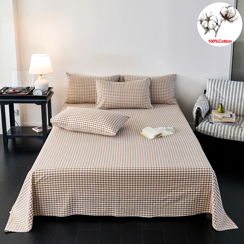 100% Cotton Yarn-Dyed Plaid Flat Sheet, Plaid Soft Breathable Bed Sheet,Wrinkle Resistant Top Sheet for Home Hotel Guest Room